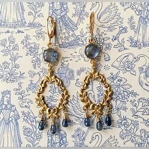Victorian Genuine Kyanite In Chandelier Gold Plated Earrings